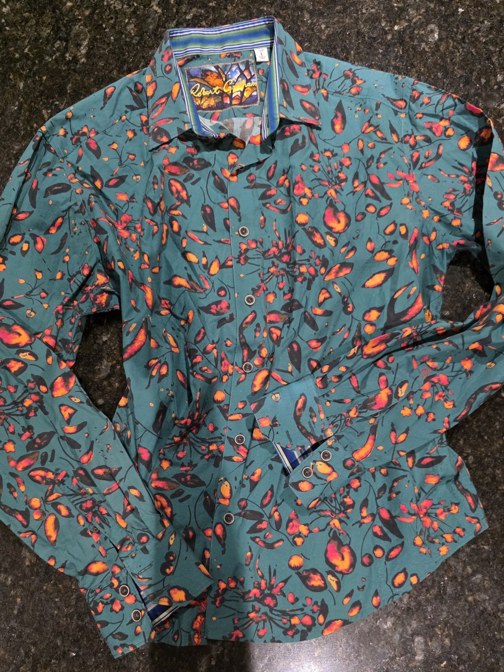 Robert Graham Teal Vibrant Floral Leaf Button-Up Shirt Large Handcrafted Unique